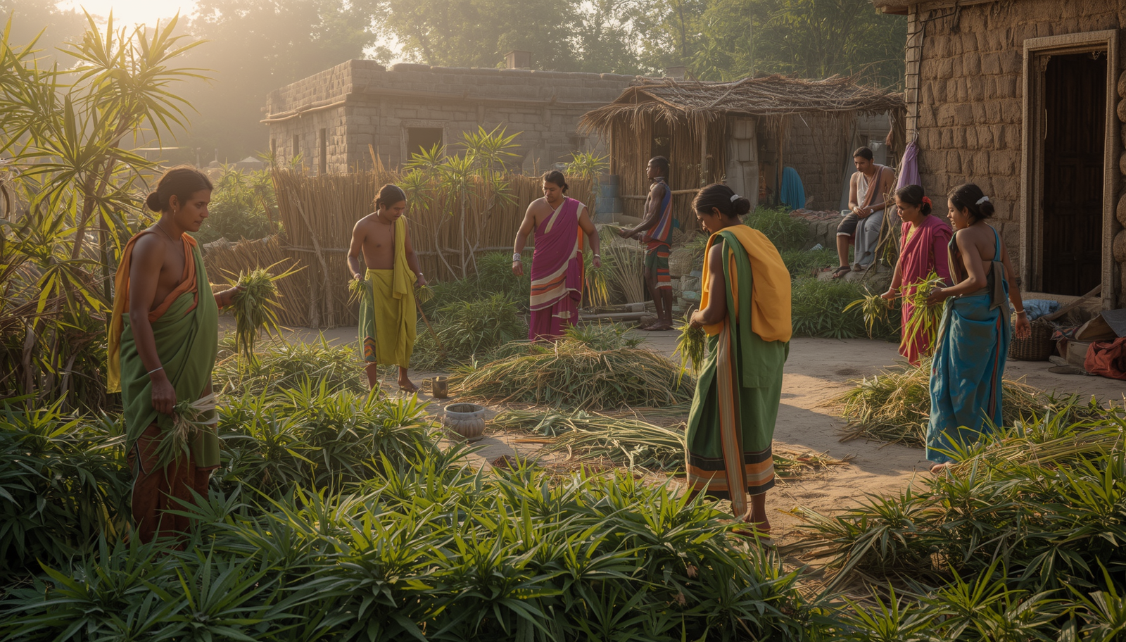 Traditional Indian village hemp processing